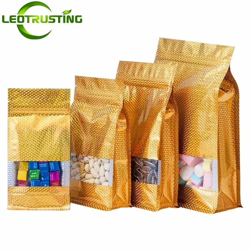 50PCS Laser Gold Aluminum Foil Window Bag 3D Golden Snack Tea Nuts Spice Sugar Candy Biscuit Chocolate Beaf Gift Storage Pouches