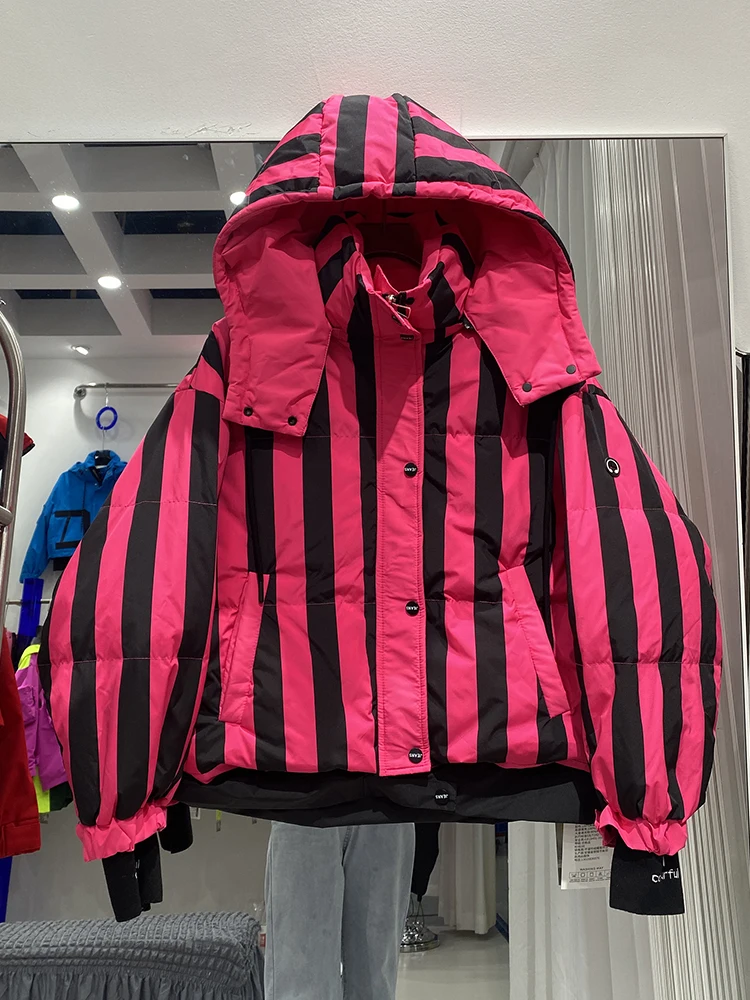 Winter Short Stripe Hooded Down Jacket Parka Female Thick Quilted Waterproof Outwear Coat Women White Duck Down Warm Down Jacket