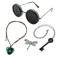 3pcs Movie Coraline Necklace Green Seeing Stone Pendant Necklace Rope Chain Black Skeleton Key Choker Dragonfly Hairpin Jewelry