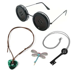 3pcs Movie Coraline Necklace Green Seeing Stone Pendant Necklace Rope Chain Black Skeleton Key Choker Dragonfly Hairpin Jewelry