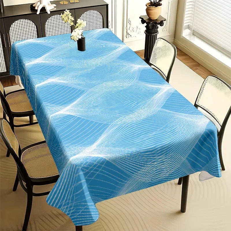 Bright Blue Wavy Line Tablecloth, Modern Abstract White Wavy Stripe Print Rectangular Table Cover for Dining Kitchen Home Decor