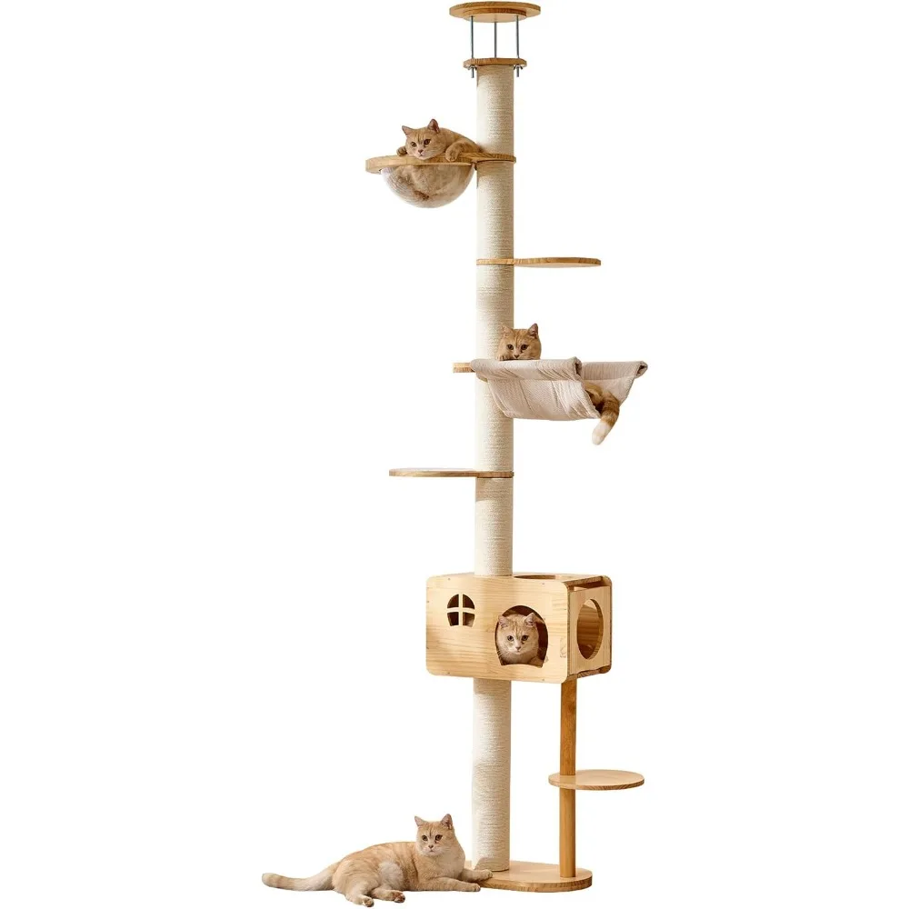 

HITTITE Solid Wood Floor to Ceiling Cat Tree, 6 Tier 90.55"-118.11" Cat Climbing Tower with Sisal Scratching Post, Tall Cat Tree