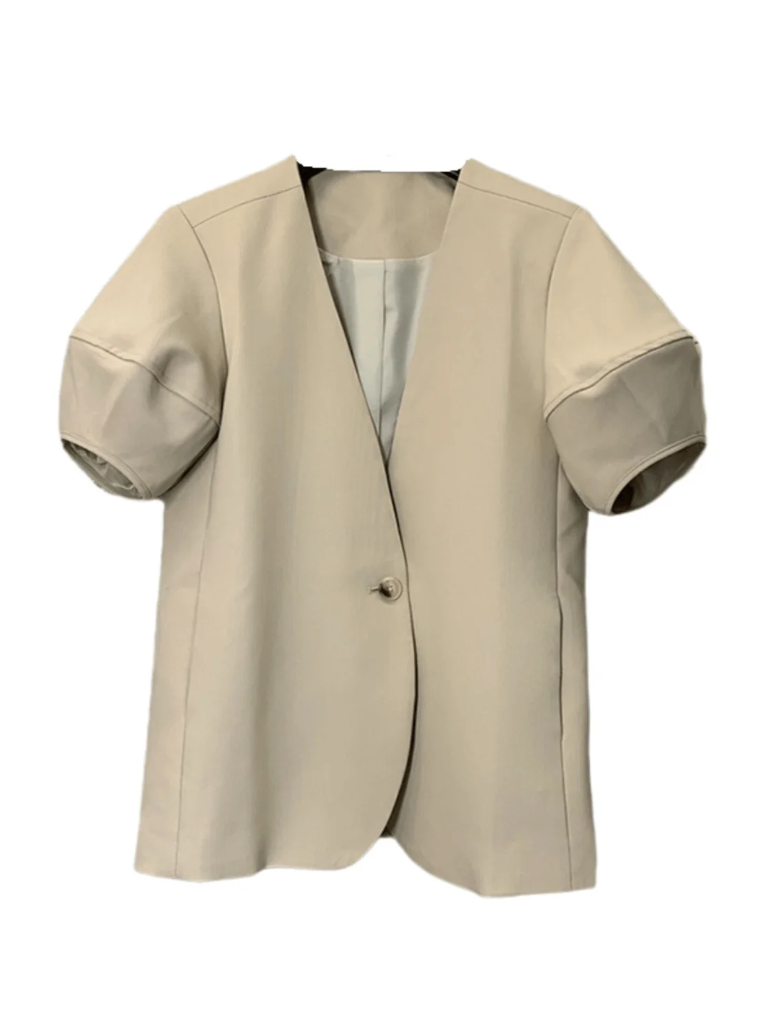 Spring And Summer Solid Color Versatile Design, One Button Bubble Sleeves, V-neck Suit Jacket For Women 2024