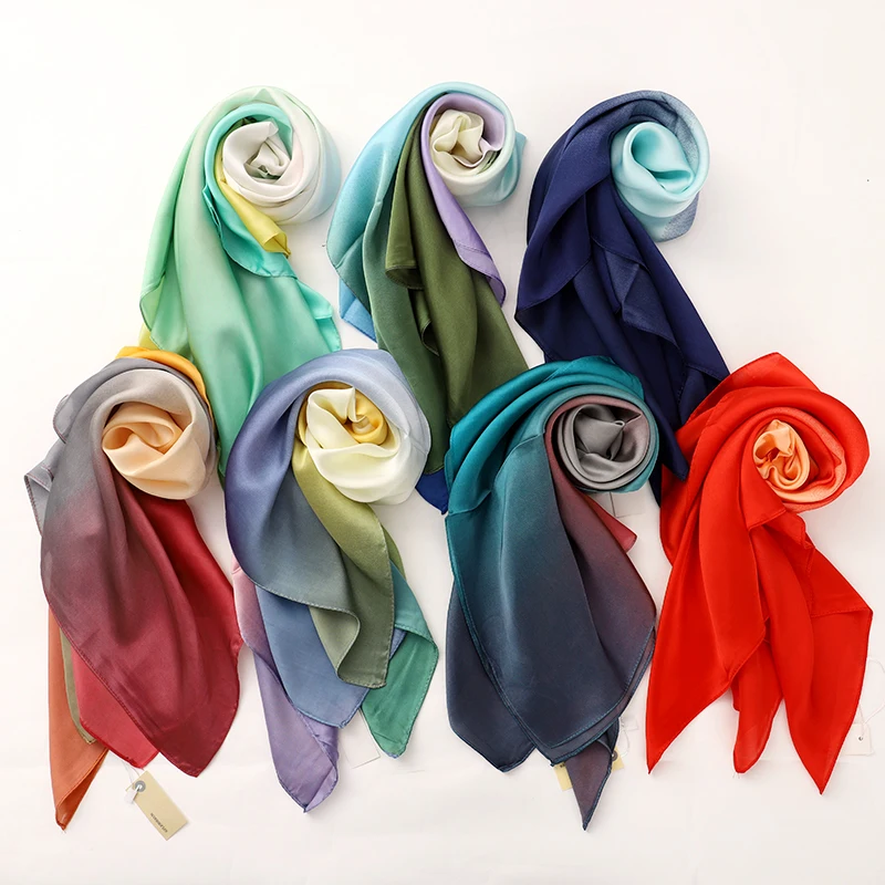 New Fashion Silk Gradient Square Scarf 90*90cm Women Neck Hair Tie Band Bag Warp Soft Neckerchief Hijab Headscarf Foulard 2022