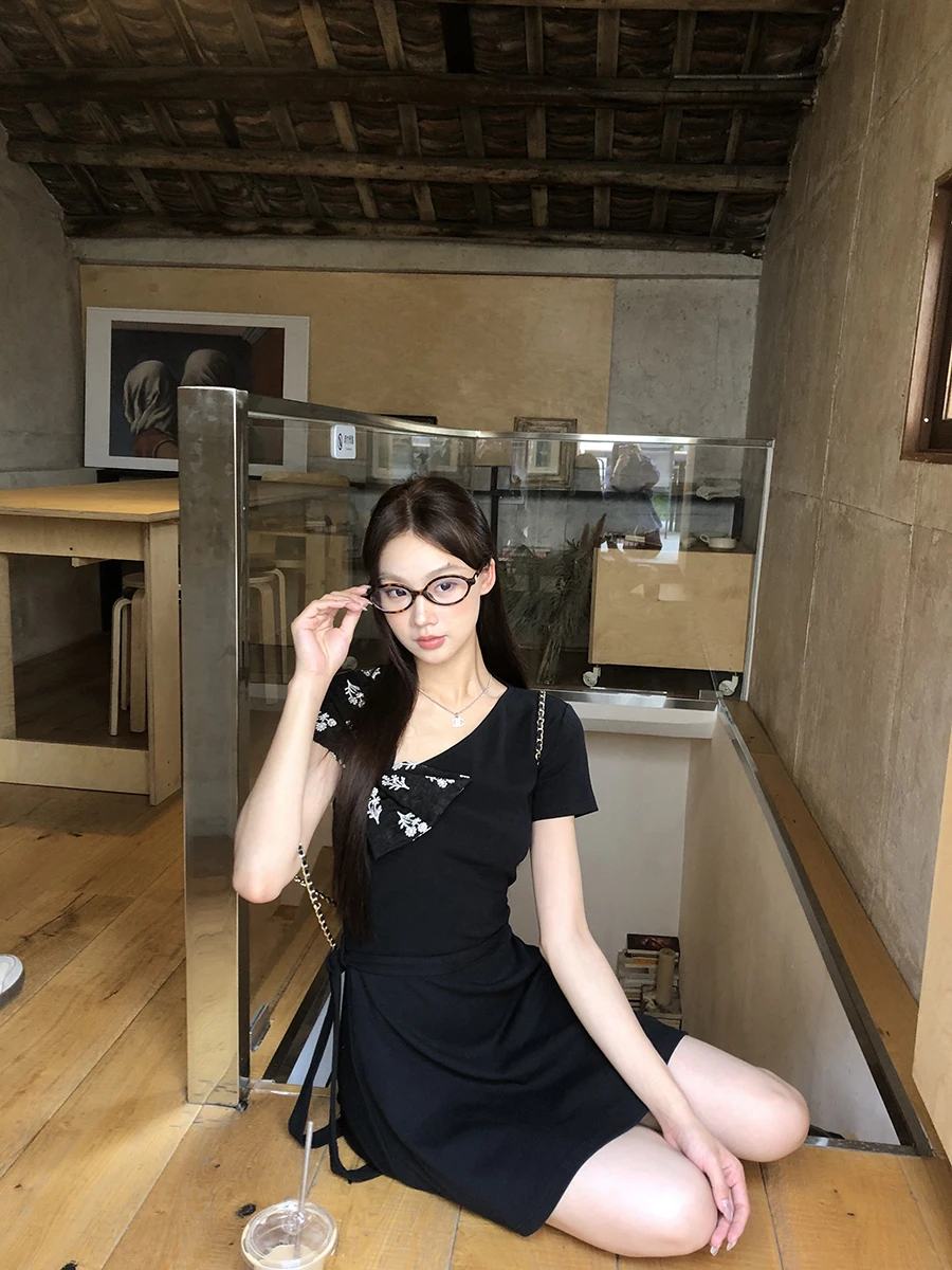 Ele Bla Summer Dr Damen Faionable Waist-Cut Rock High Waist ort Sve Round Ne H-Sle Cotton Blend Dr