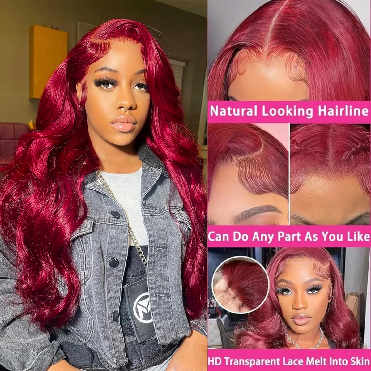 

Бургундские парики из натуральных волос с кружевной передней частью 13x6, предварительно выщипанные, с эффектом «волны», красные, 30 дюймов, бургундский цвет 99J, парики с кружевной передней частью 13x4 HD