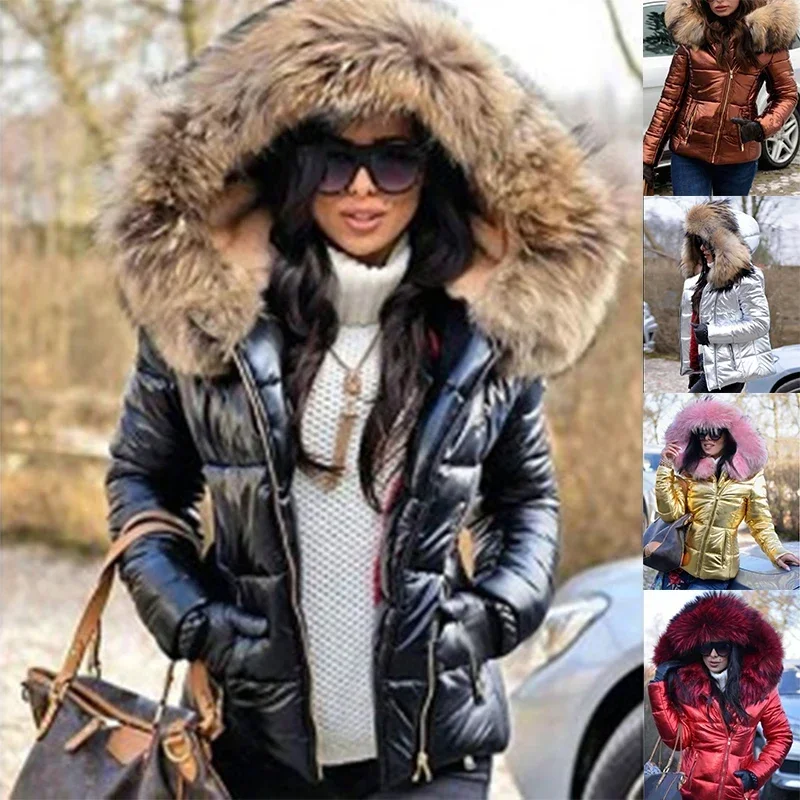 Women\'s Winter Warm Quilting Thickened Snow Coat Short Solid Color Hooded Fur Collar Fashion Cotton-padded Jacket Waterproof