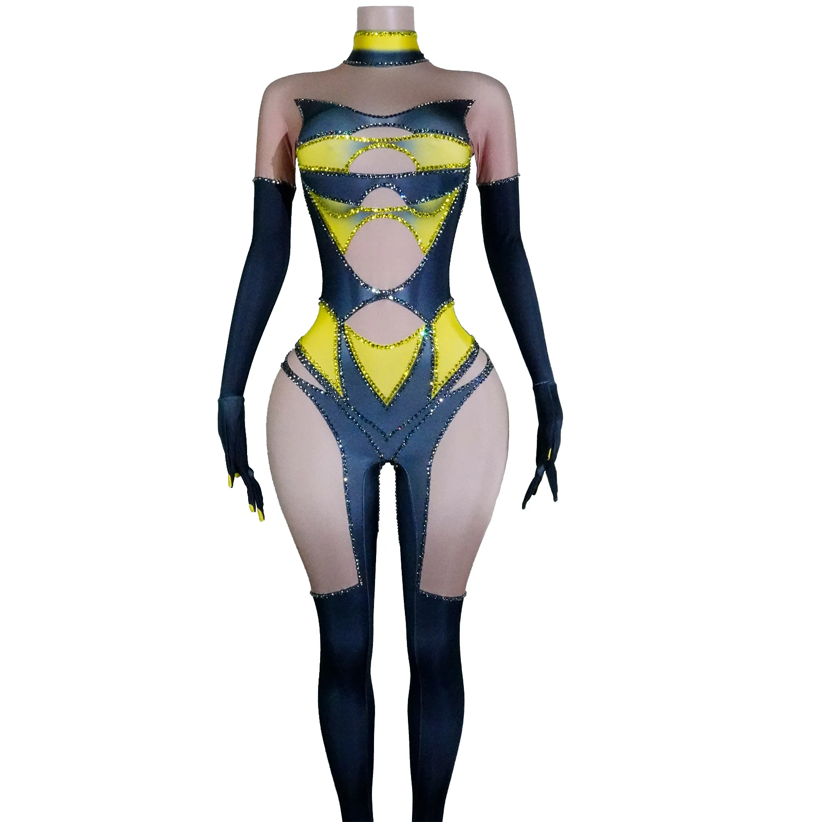 

Sexy Nightclub Party Outfit Dancer Performance Dance Costume Stage Wear Sparkly Rhinestones Stretchy Skinny Jumpsuit Gloves