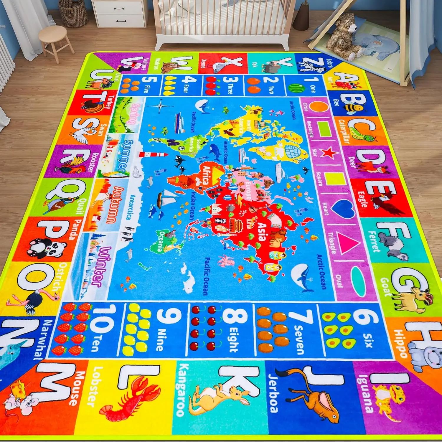 Fun Cartoon Letter Kids Play Mat World Map Animals Alphabet Seasons for Playtime Learning Playful Educational Rug for Toddler