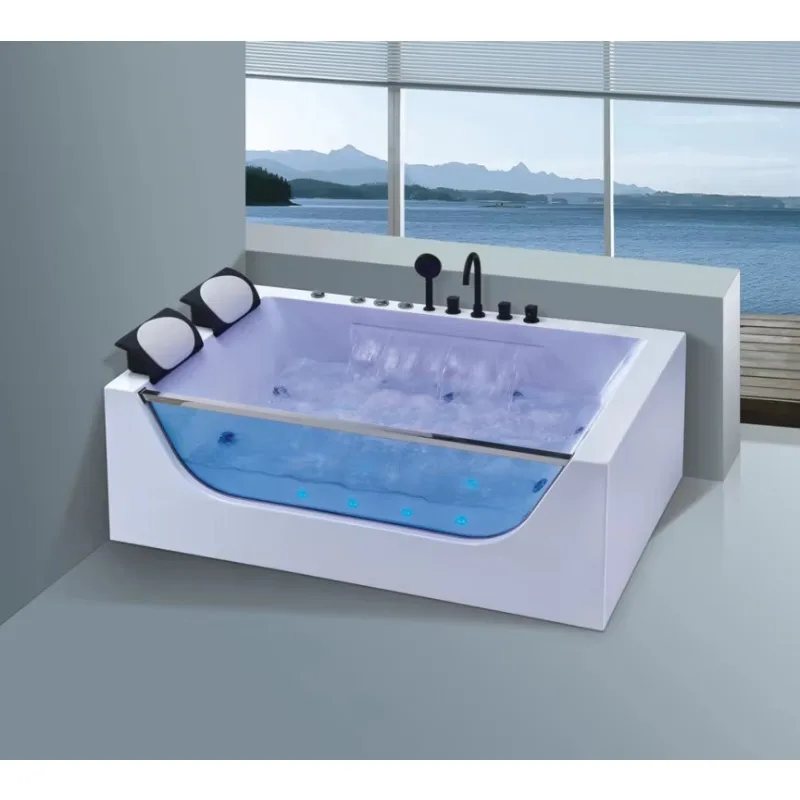

2 Person Whirlpool Bathtub Jaccuzie Modern Luxury Rectangle Freestanding Hot Spa Tub Custom Waterfall and White Acrylic Bathtubs