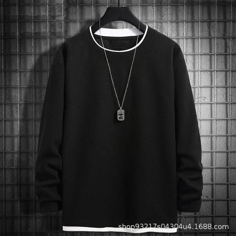 Camiseta holgada de manga larga con cuello redondo para hombre, Top informal de dos piezas falso de Color puro, camisa corporal de moda, Otoño e Invierno