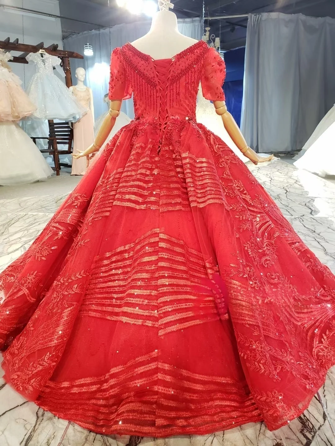 Custom Luxury Flower Girl Dress Wedding Birthday Party Pageant Catwalk Short Sleeve Lace Red Glitter Train Kids Gown فساتين اطفا