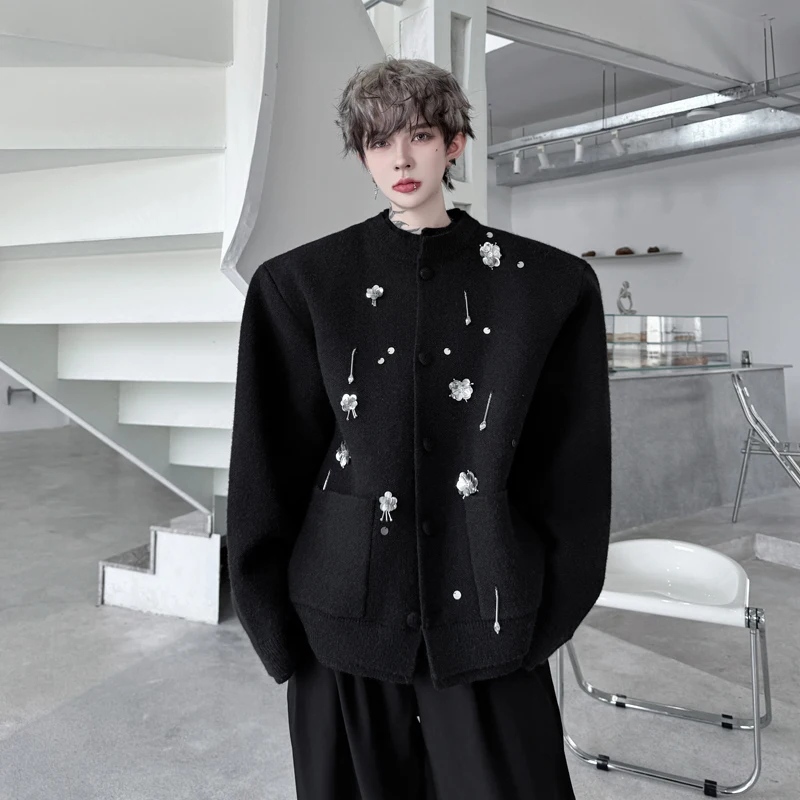 

Осенне-зимний мужской вязаный кардиган с вышивкой и бисером, корейский стиль, повседневный, теплый, из смесового хлопка