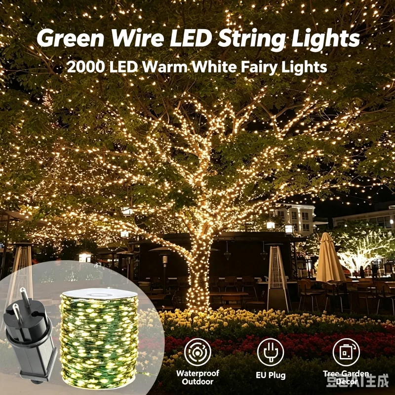 Green Cable LED Christmas Fairy String Lights Garland IP65 Waterproof for Birthday Halloween Party Garden Indoor Room Holiday