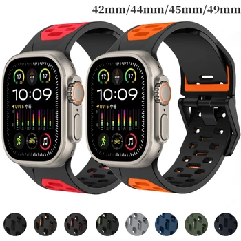 애플 워치 밴드용 실리콘 스트랩, 울트라 2 49mm 시리즈 9 8 7 45mm 스포츠 통기성 팔찌, iWatch 6 5 4 SE 44mm 42mm 한국 