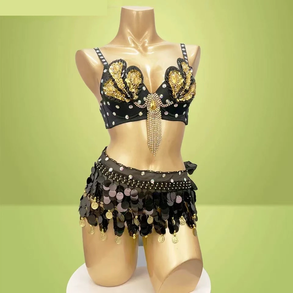 Belly Dance Costume Professional Samba Beads Bra Top Coin Sequin Hip Scarf Belt Adjustable Stage Performance Dance Wear Show