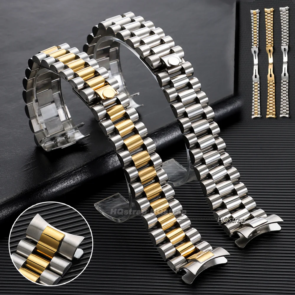 Curved End Stainless Steel Watch Strap 20mm for Rolex Water Ghost for Seiko Solid Bracelet Folding Buckle Wristband Accessories