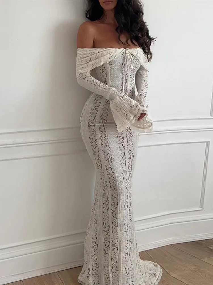 Women\'s Elegant Off Shoulder Floral Lace Maxi Dress Vintage Cream Long Flare Sleeves Skinny Trailing Robe Lady Chic Evening Gown