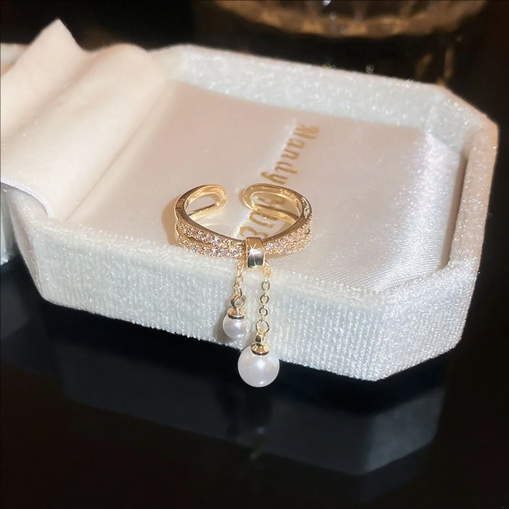 

Golden Electroplated Zircon Pearl Tassel Interlaced Double-layer Open Ring Unique and Elegant Index Finger Rings