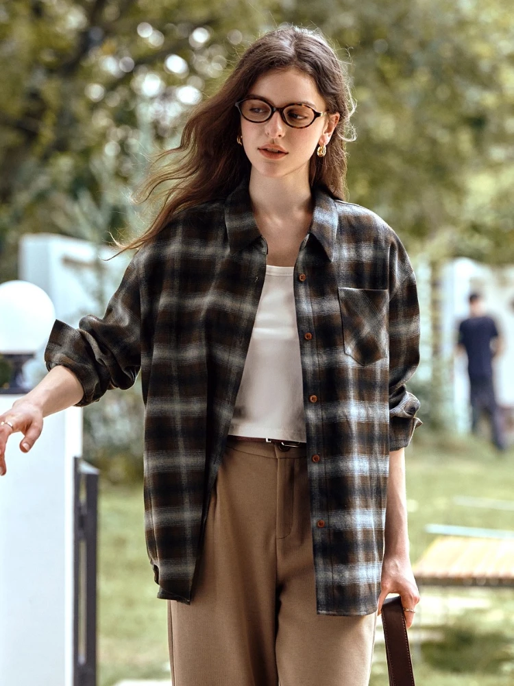 

OLrain Women's Plaid Shirt 2025 Autumn New Arrival Casual Vintage Loose-fit Long-sleeve Turn-down Collar Shirt Tops O57QC001152