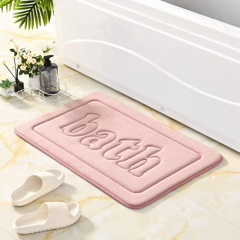 Inyahome Memory Foam Pink Cute Bath Mat for Kids Bathroom Non Slip Floor Rugs Quick Dry Kitchen Rug Coral Velvet Carpets Decor