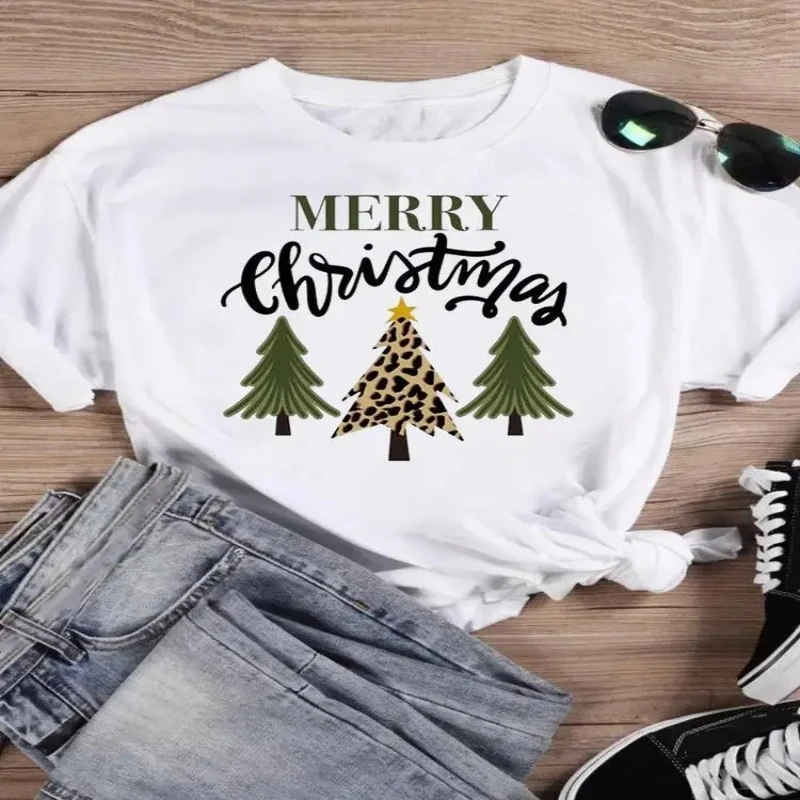 

Merry Christmas Print Holiday Women Clothing Fashion Plaid Letter Christmas Tree Men Clothes New Year's Eve Graphic T-shirts
