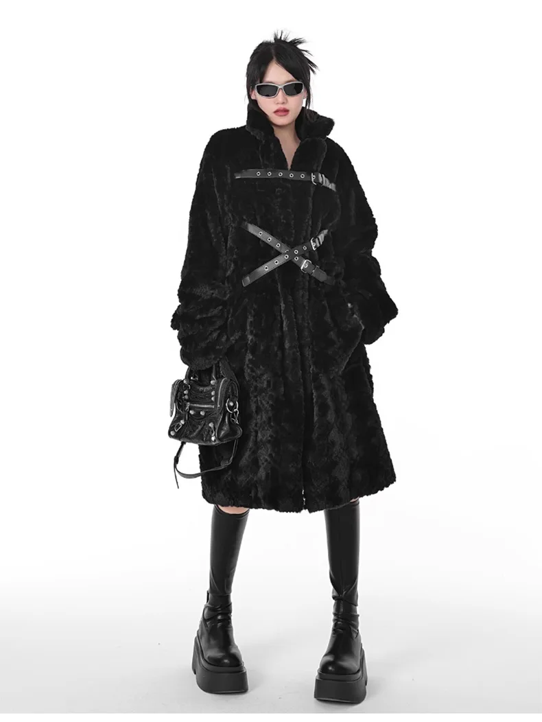 Lautaro Winter Cool Long Loose Casual Soft Thick Warm Black Fuzzy Faux Fur Coat Women Stand Collar Punk Style Fluffy Jacket 2023