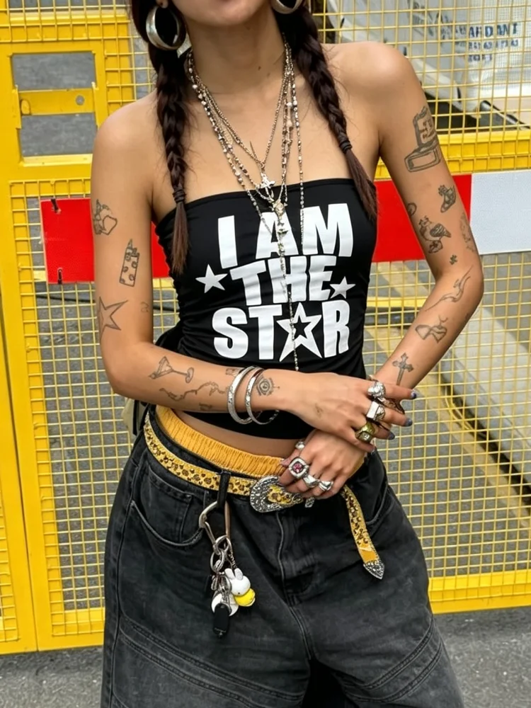 Vintage Streetwear Black White Star Graphic Tube Vest Shirred Side Fitted Strapless Crop Top