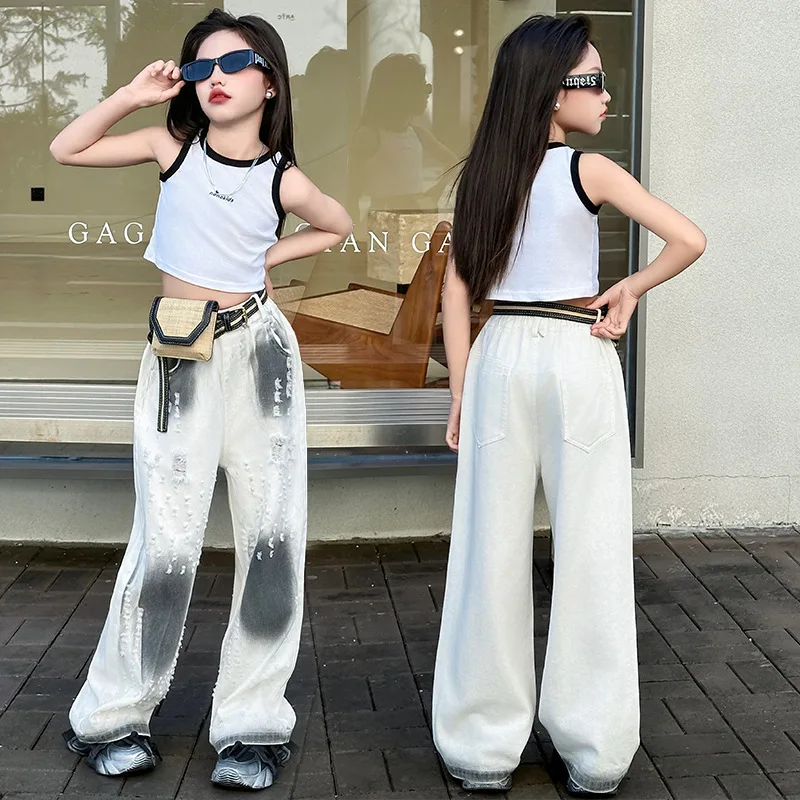 

Child Clothes Set Summer Girls Casual Versatile Tank Top T-shirt+Cotton Cloth Perforated Fashion Straight Loose Wide Leg Pants