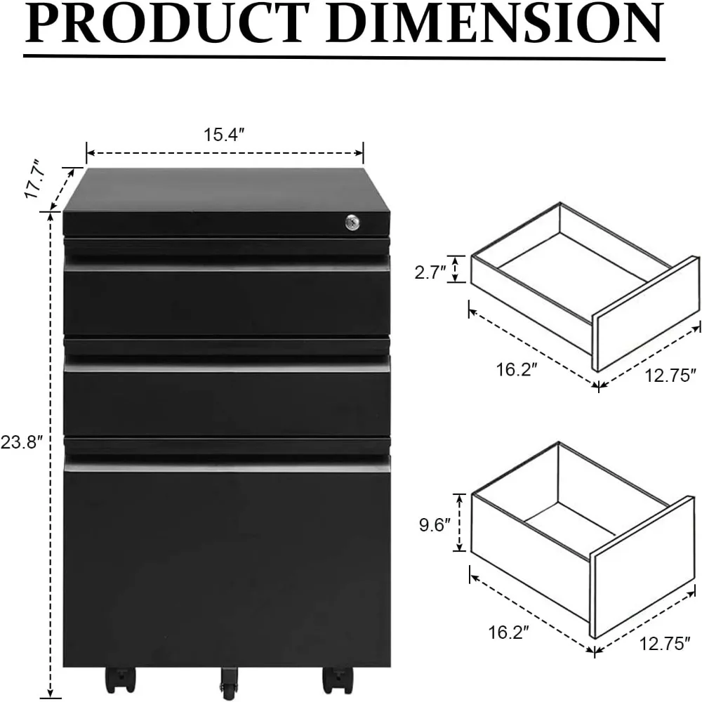 3-Drawer Mobile File Cabinets Rolling Metal Filing Cabinet for Legal & Letter Files Anti-tilt Design File Cabinets