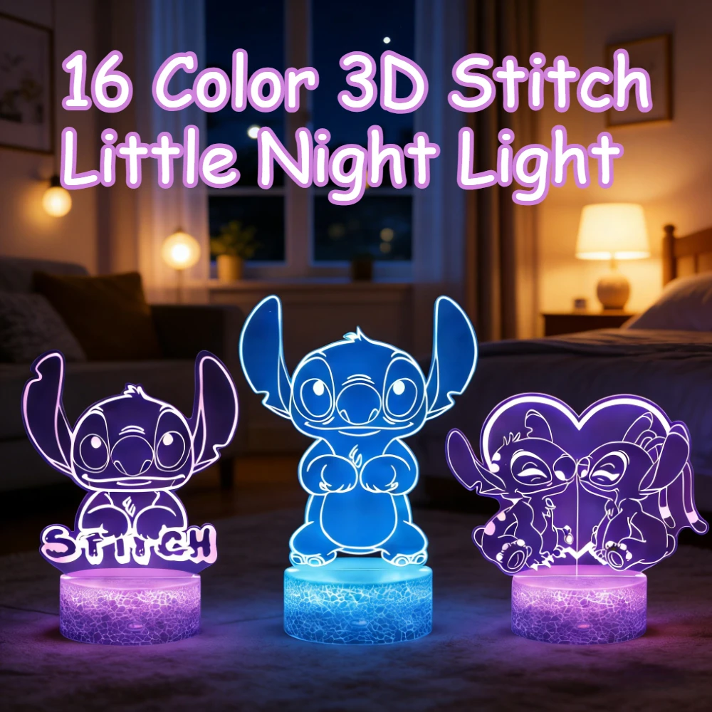 Lámpara Nocturna 3D de Disney Stitch, 16 Colores con Control Remoto y Táctil Inteligente, Decoración LED para Habitación Infantil o de Adultos, Regalos de Cumpleaños