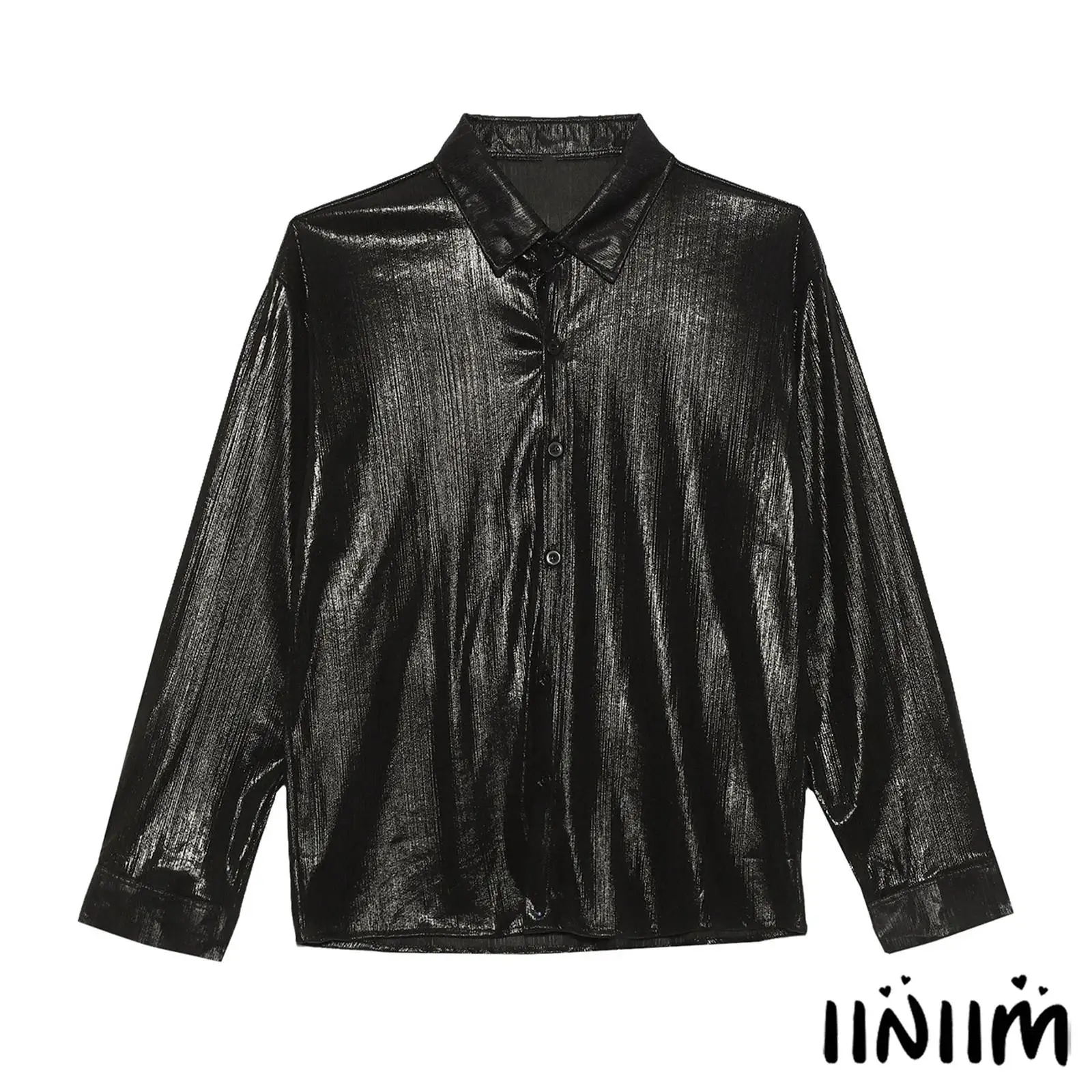 

Mens Prom Nightclub Top Iridescent Metallic Fabric Turn Down Collar Long Sleeve Front Button Loose Blouse Jazz Disco Dance Shirt