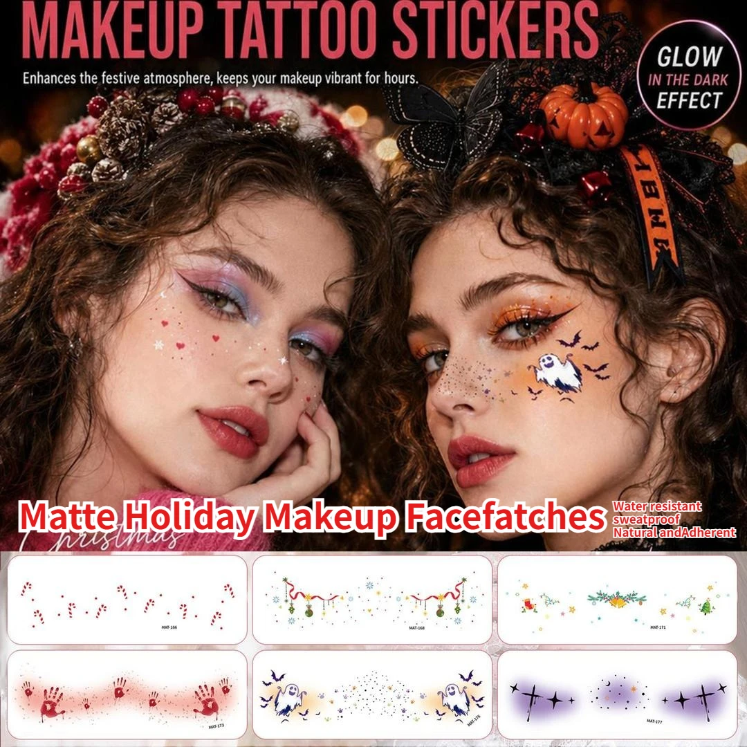 B New Christmas Halloween Face Temporary Tattoo Stickers Elk Snowflake Blood Scar Bat Ghost Cosplay Party Makeup Decor