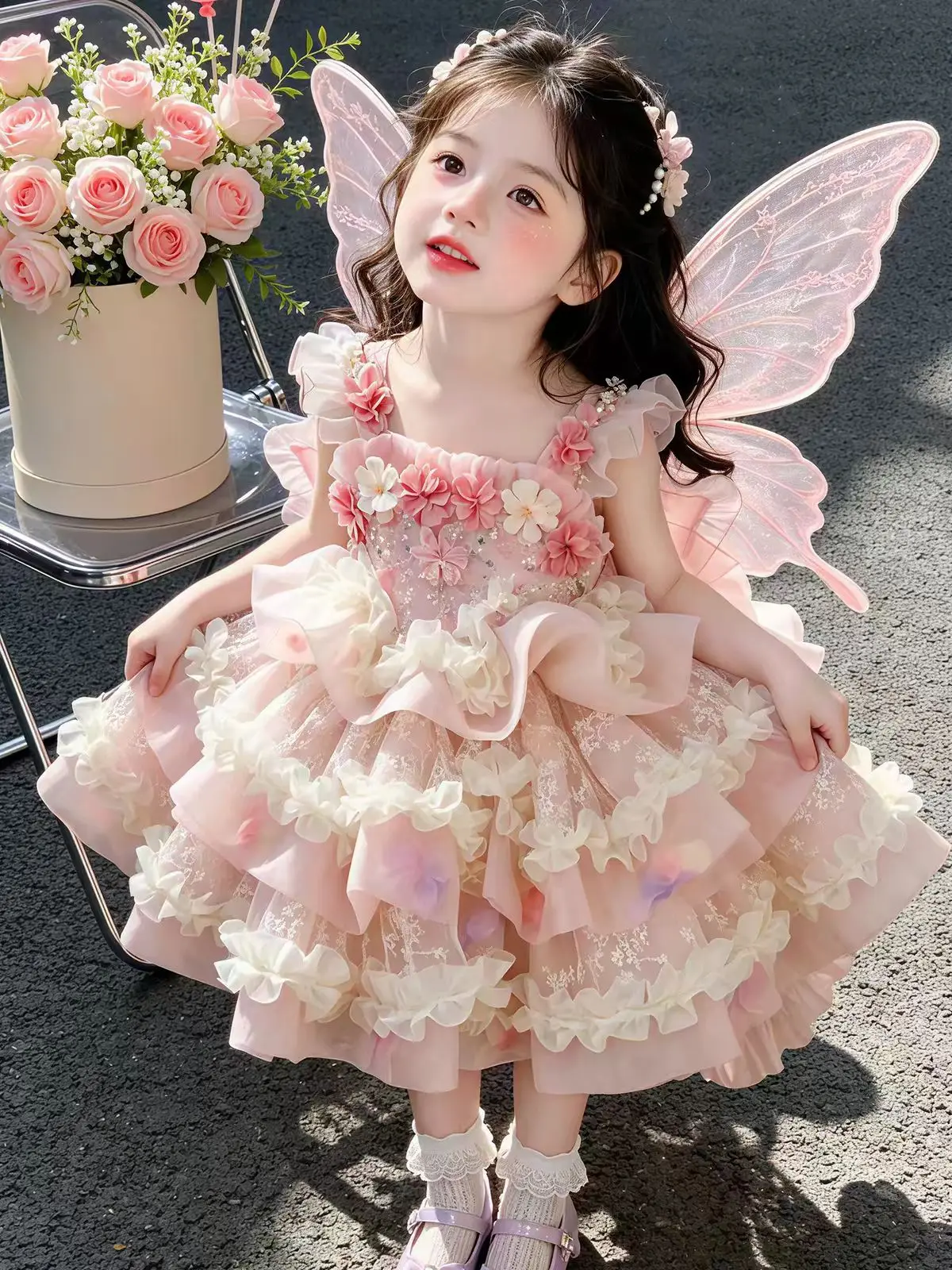 Baby Girl Summer Pink Sweet Cute Floral Lolita Lace Princess Gauze Ball Gown Bow Lace Dress Birthday Party Eid Childen Clothing