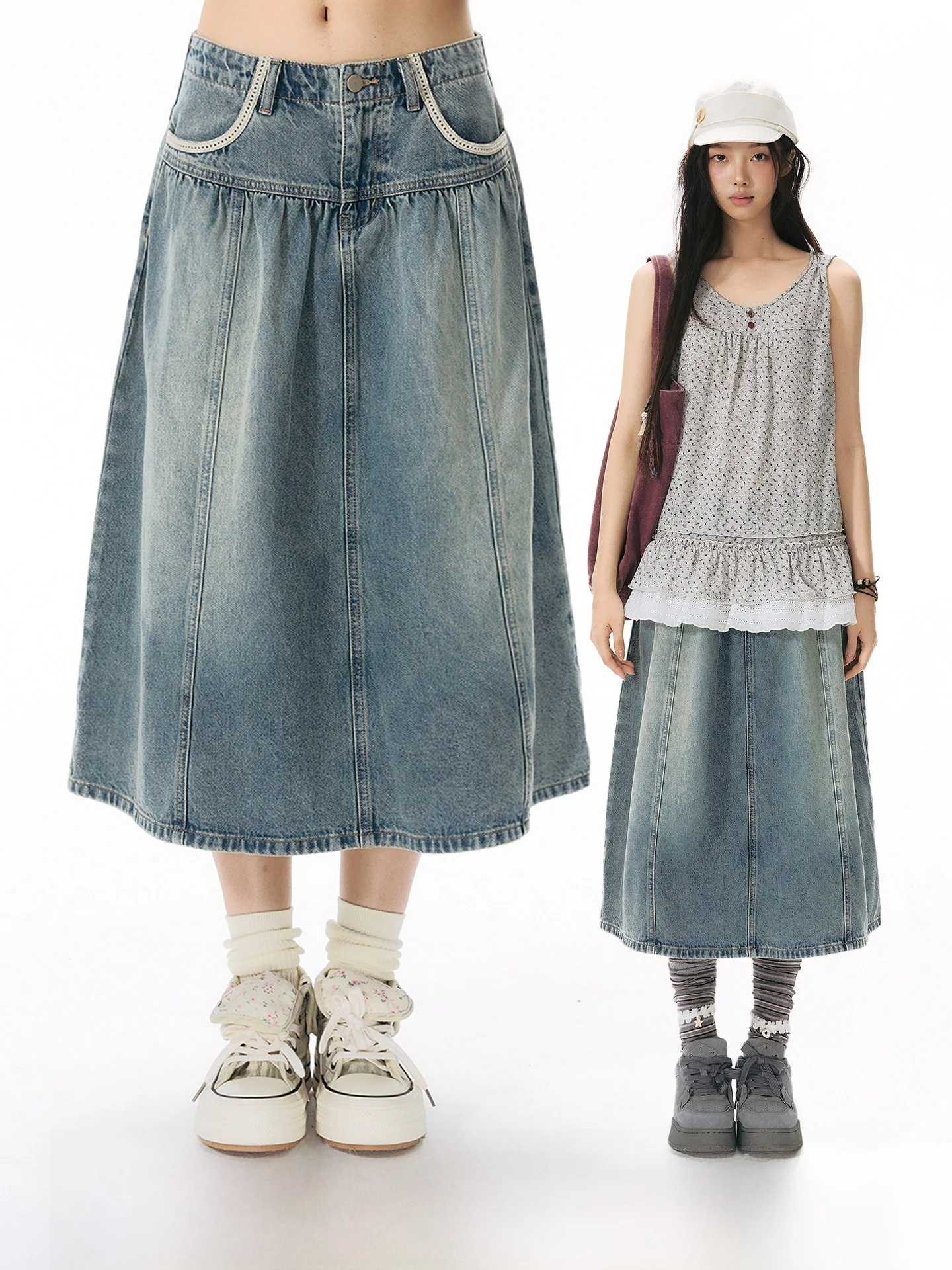 NAPSNAPS Original Denim Patchwork A-Line Skirt Women's Summer Light Blue Vintage Long Skirt Pocket Design Cotton Leather