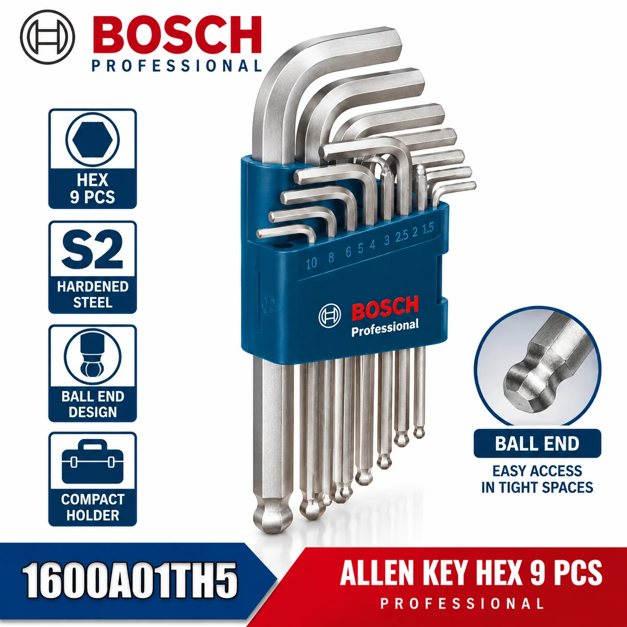 BOSCH 9PCS Hex Allen Key Set Torx Wrench Set Ball End S2 Steel Long Arm L Shape Angle Key Professional Hand Tool for Repair