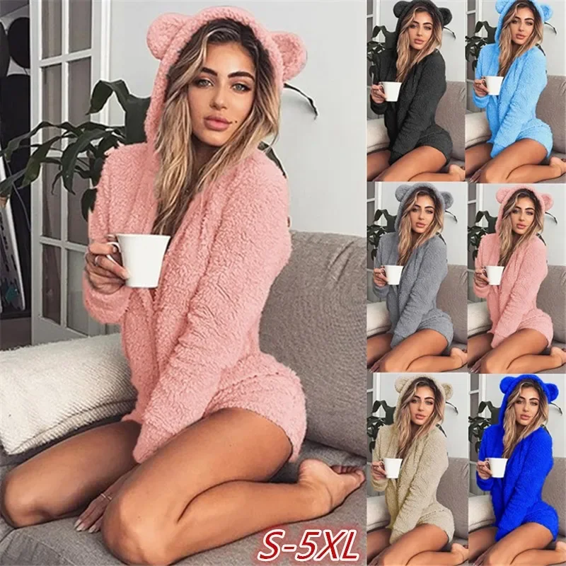 

Winter Comfortable Women's Sleepwear Cute Jumpsuit Shorts Long Sleeved Hooded Design Onesies for Adults Women