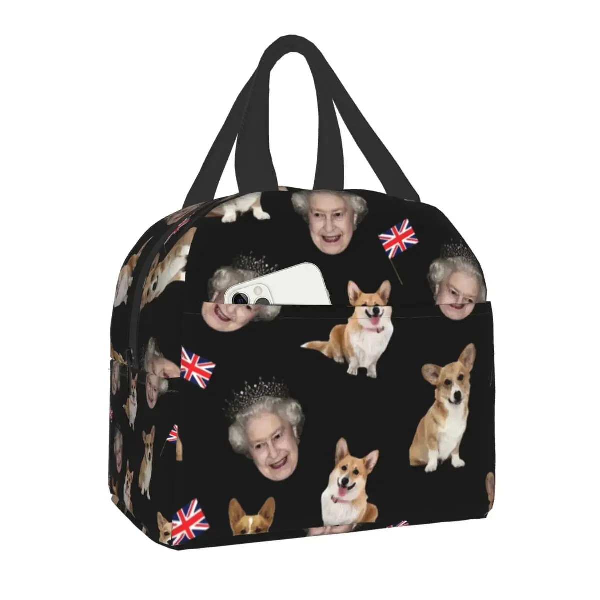 Queen Elizabeth And Corgis Pattern Insulated Lunch Bag for Women Resuable Thermal Cooler Lunch Tote Box For Office Work School