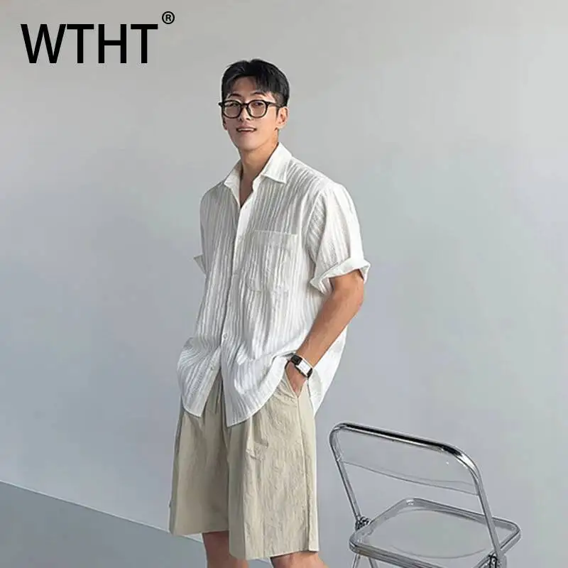 WTHT Fashion Men's Texture Hollow Out Solid Color Design Shirts Trendy 2026 Summer Single Breasted Lapel Loose Tops Male 2A3143