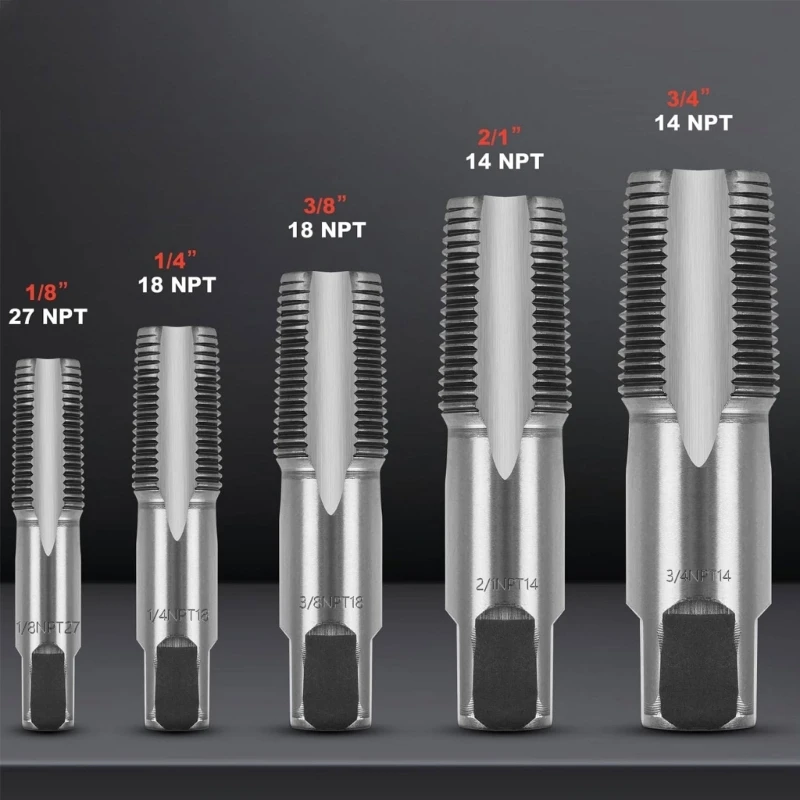 مجموعة حنفية أنابيب NPT مكونة من 5 قطع، تتضمن الأحجام أدوات يدوية 1/8 بوصة و1/4 بوصة و3/8 بوصة و1/2 بوصة و3/4 بوصة