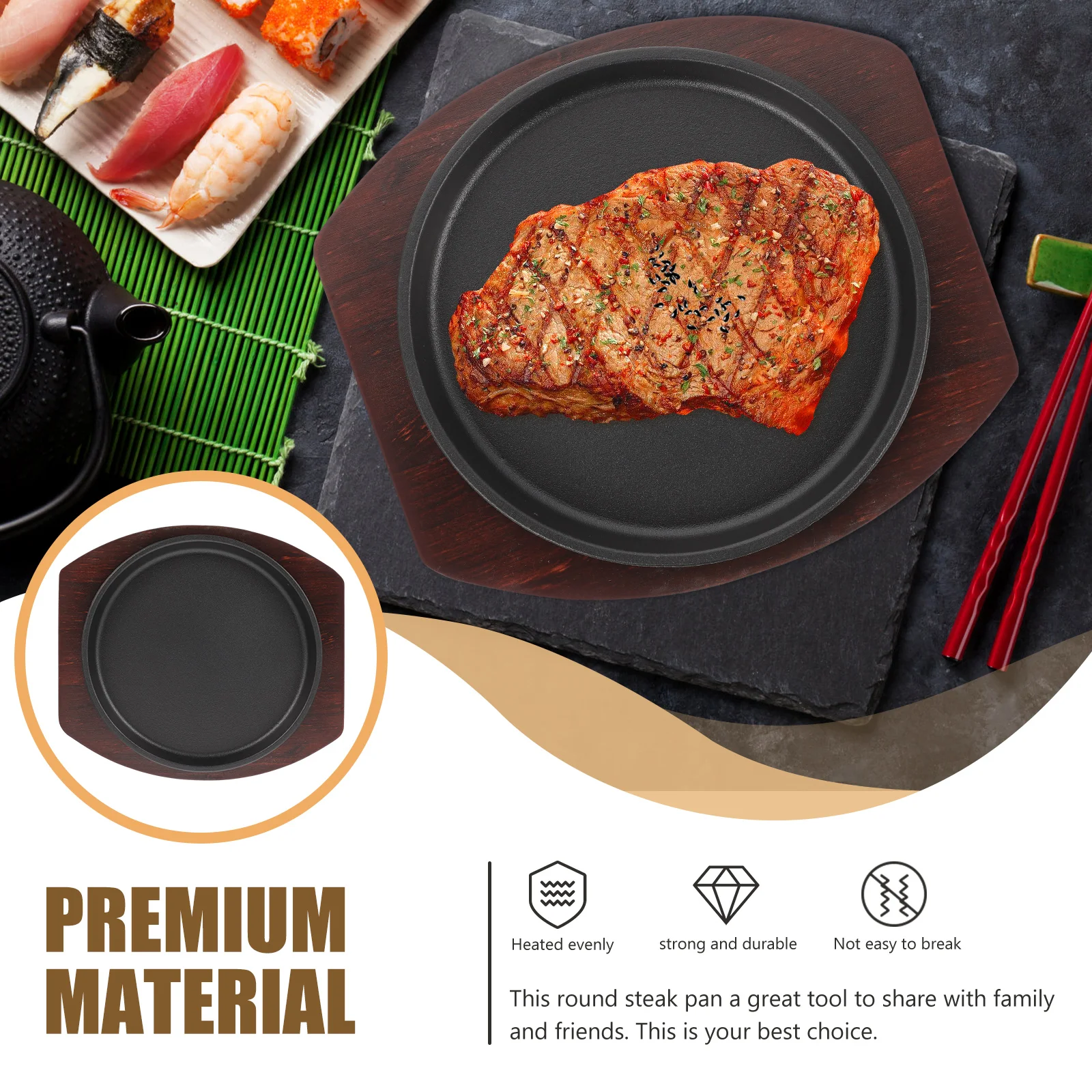 

1Set Thick Iron Steak Plate Round Heat Evenly Steak Pan Serving Dish Wooden Tray Kitchen Essentials Grill Pan