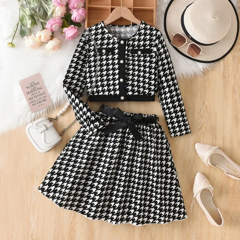 Girls' Checked Long-Sleeved Jacket and Bow-Waisted Skirt Two-Piece Set  5-14Y
