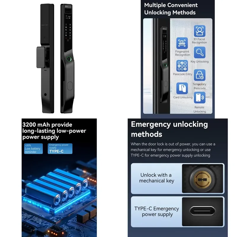 2026 Zinc Alloy Waterproof Outdoor WiFi Fingerprint 3D Face Biometric Anti-Theft Smart Door Lock for Aluminum Door