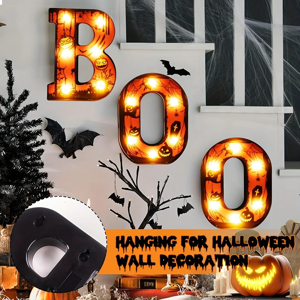 

3 LED Light Up Letters Boo Indoor Halloween Decorations Room Wall Decoration Warm Light Battery Operated Letters