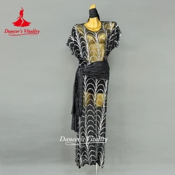 BellyDance Robe Customized Black Sexy Gauze Sequin Short Sleeve Dress Women Oriental Dance Professional Performance Clothing