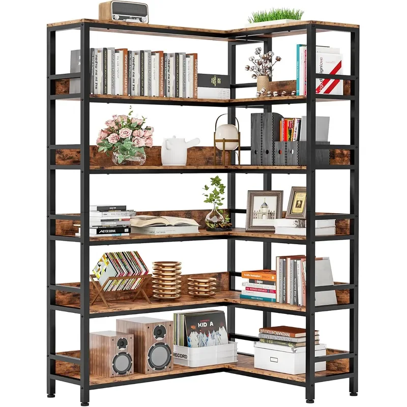 Corner Bookshelf 6 Tiers Industrial Corner Bookcase with Baffles Etagere L Shaped Bookshelves with Metal Frame Corner Shelf