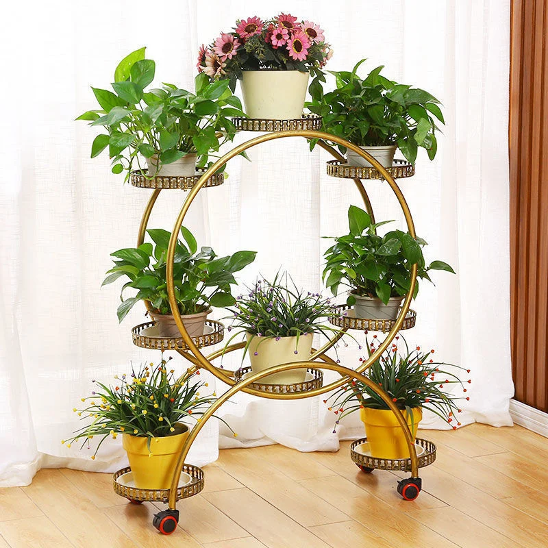 6 Holder Flower Stand Wrought Iron Multi-layer With Wheel Flower Pot Rack Living Room Balcony Movable Indoor Flower Pot Rack