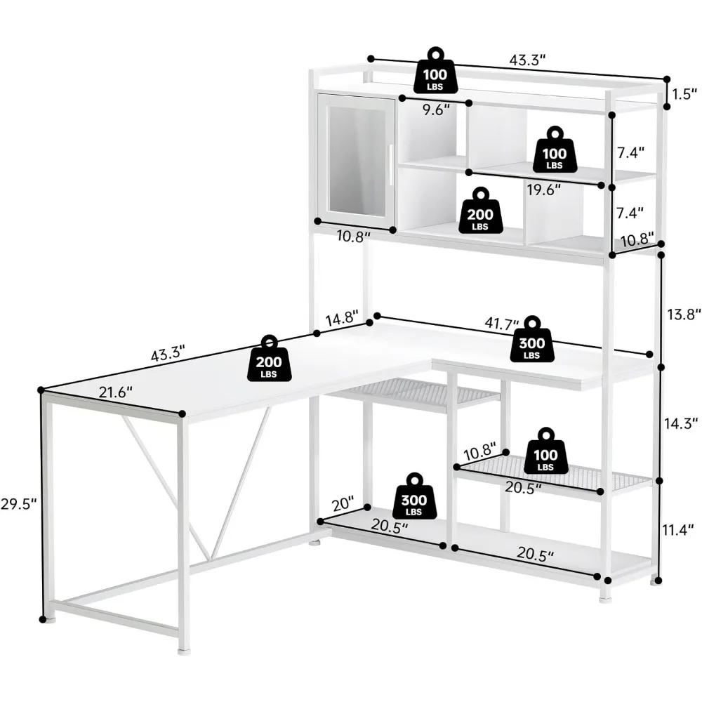 L Shaped Computer Desk, 58'' Office Desk with LED Light and Bookshelf, L Shaped with Storage Shelves for Home Office Desk