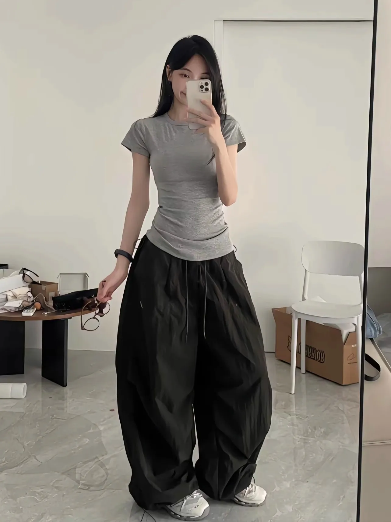 Woman Y2K Parachute White Pants Harajuku Streetwear Embroidery Wide Leg Jogger Trousers Oversized Pockets Baggy Cargo Sweatpants