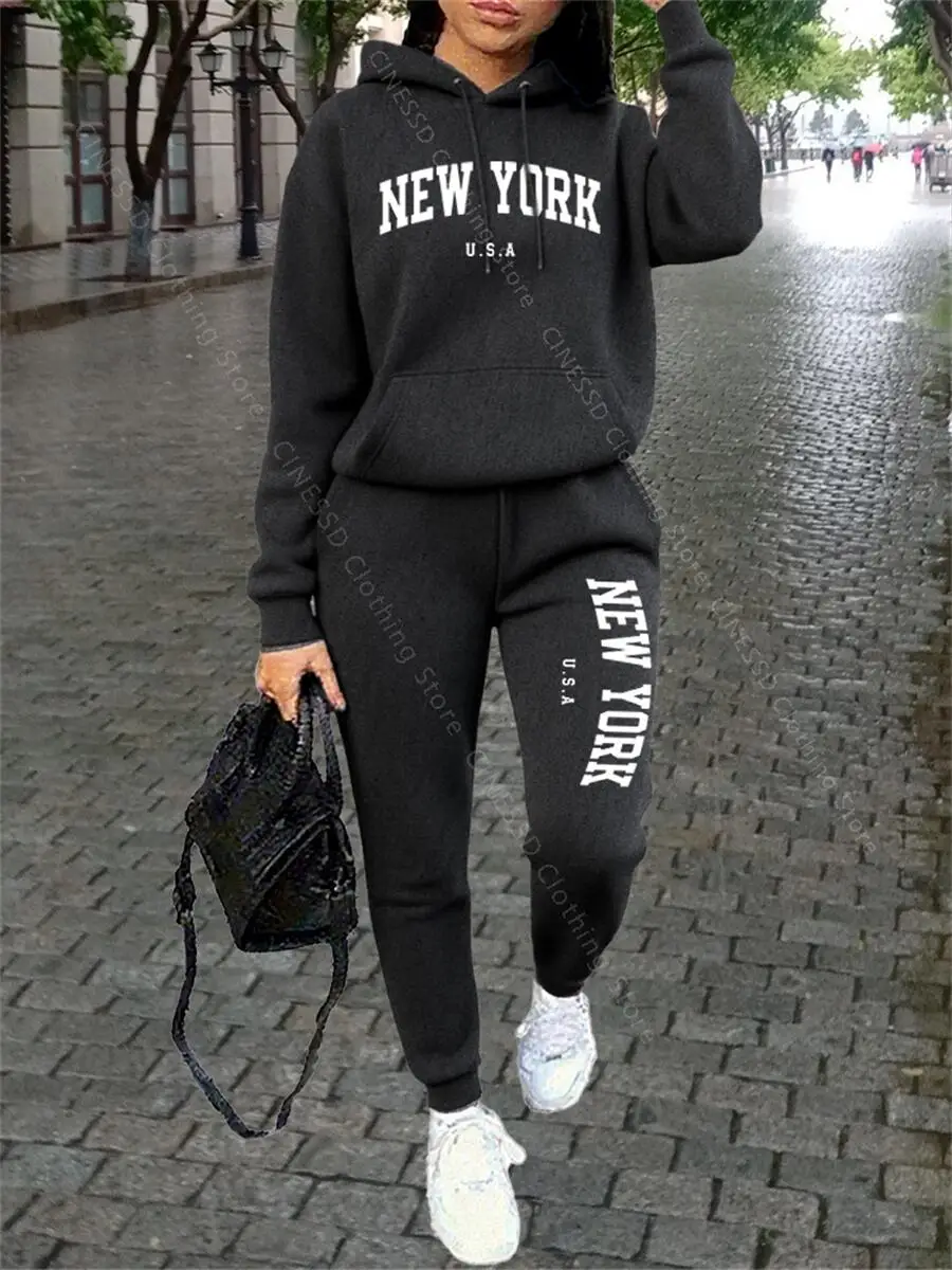 نيويورك المرأة Sweatsuit الخريف الشتاء قطعتين مجموعة هوديي السراويل عالية الجودة فضفاضة أزياء الشارع الشهير السيدات رياضية وتتسابق